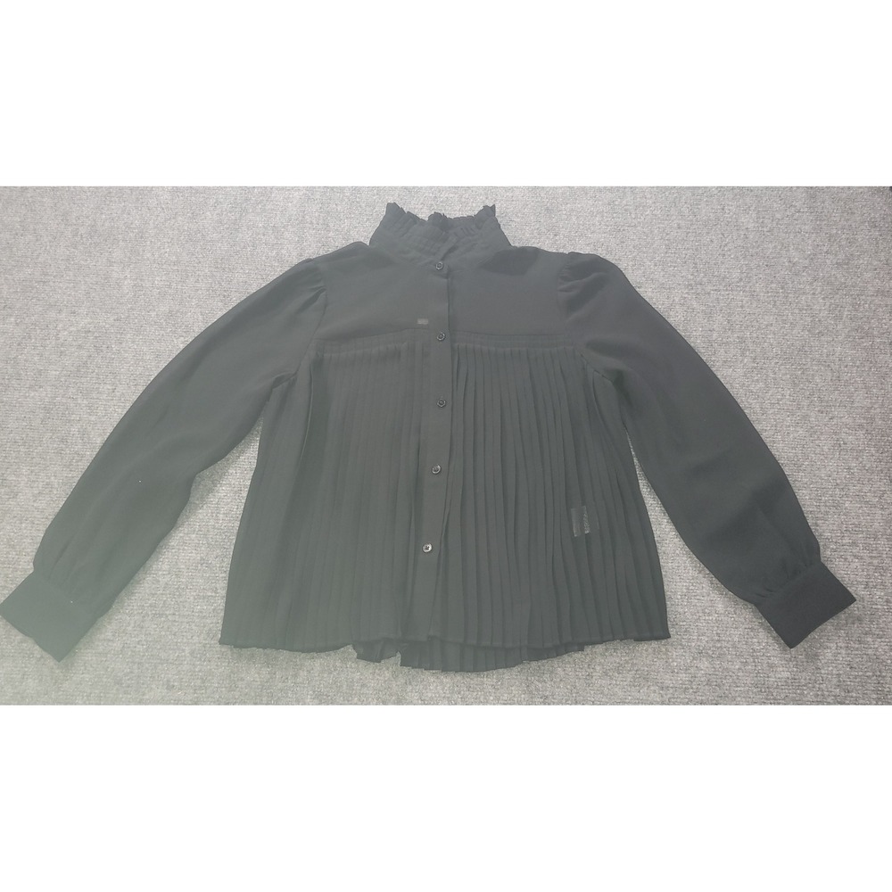 Banana Republic XXS Petite Black Pleated Ruffle Neck Sheer Blouse 784276-01-1